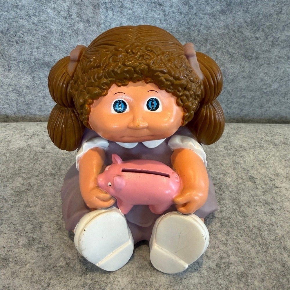 Vintage 1983 Cabbage Patch Kids Piggy Bank Brunette Girl Purple Dress‎